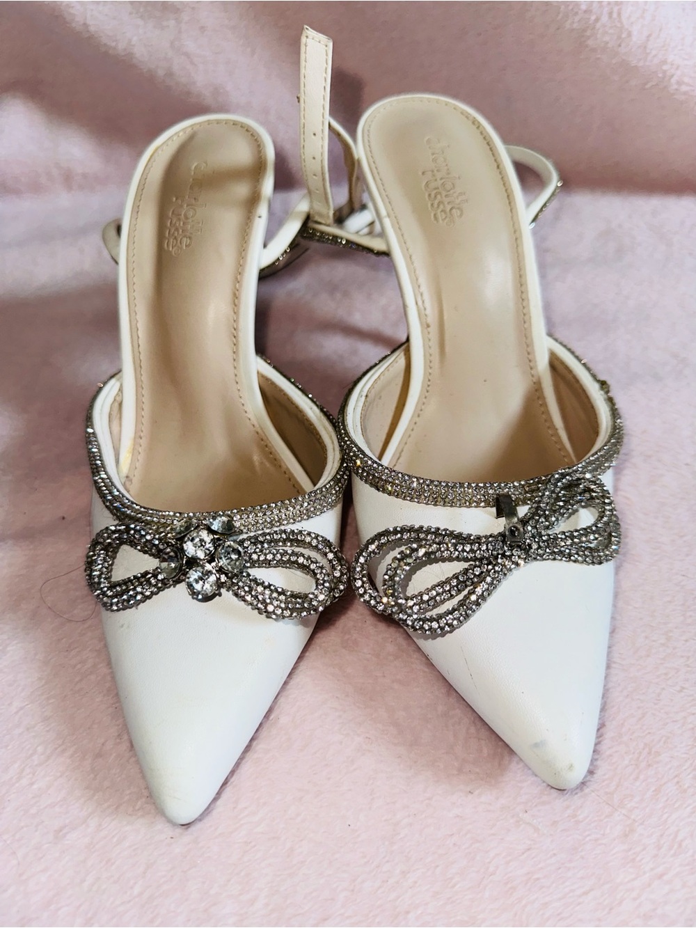 Charlotte Russe White Pointed Toe Slingback Heels with Crystal Bow
